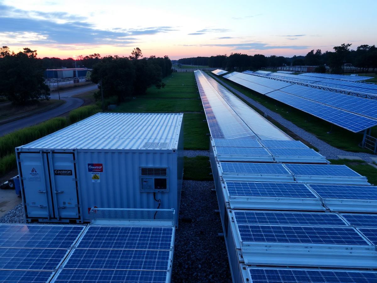 Battery storage containers at dusk