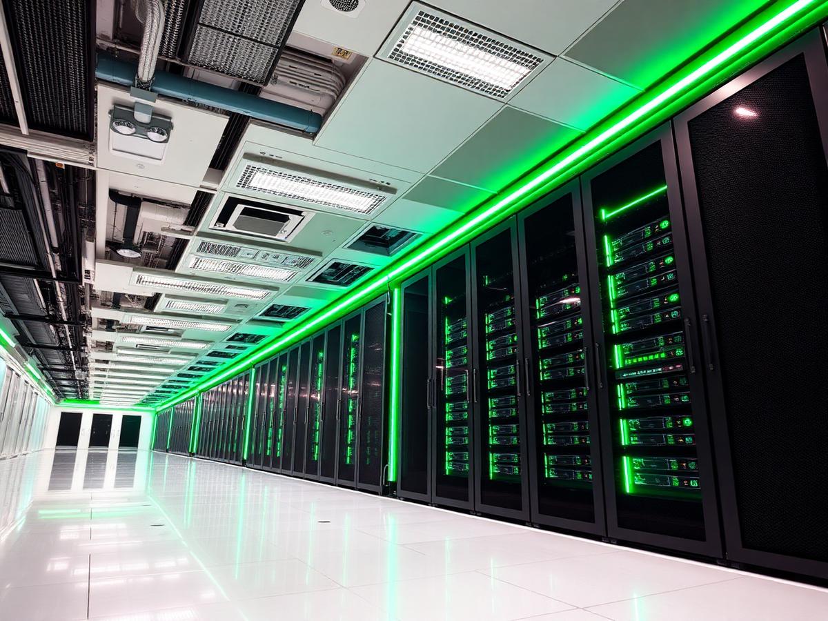 Green-lit data center hall