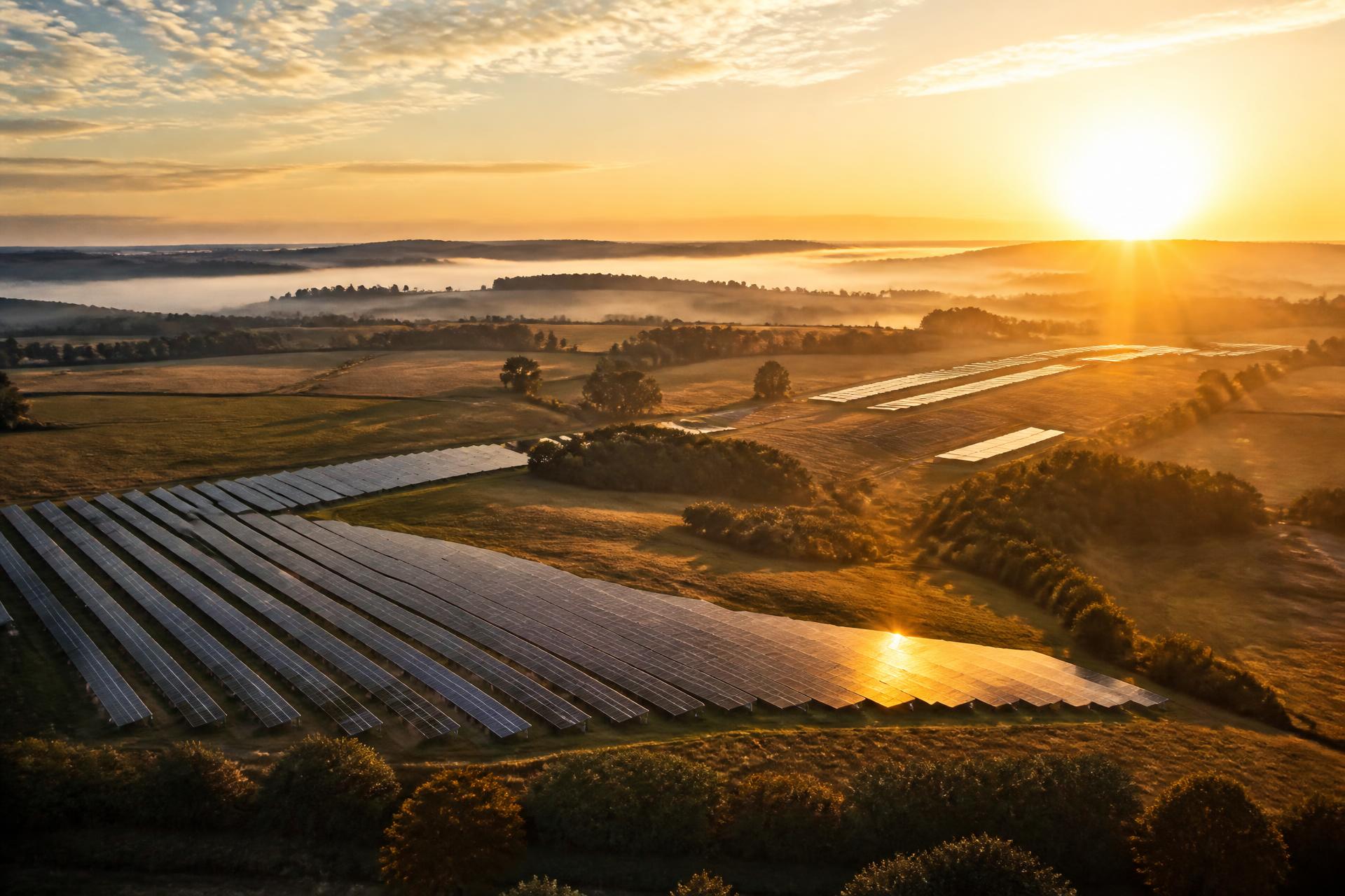 Rolling farmland at sunrise with modern solar infrastructure