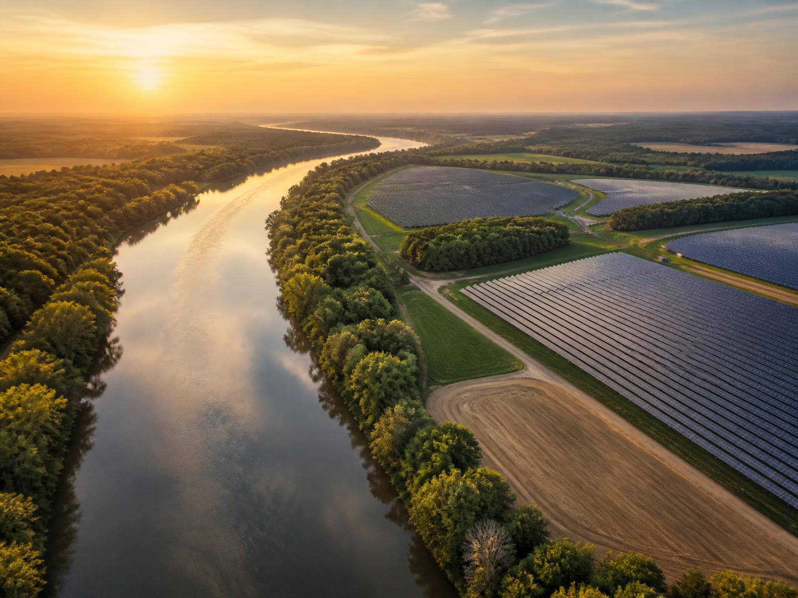 Aerial view of the Pee Dee River winding through Anson County farmland with integrated solar arrays at golden hour